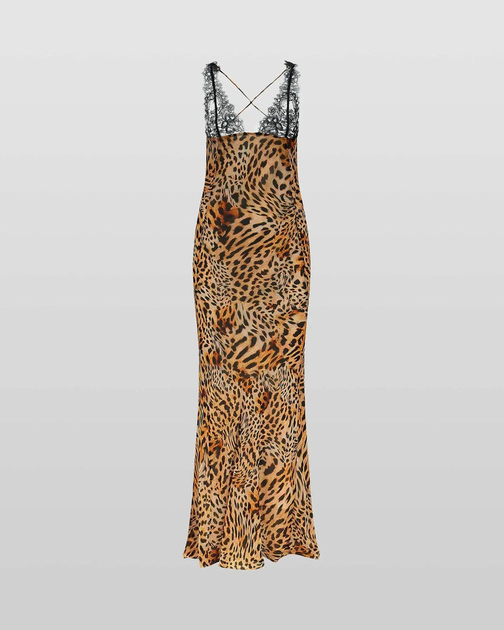 Vestito lungo da sera leopardato con pizzo e spalline sottili