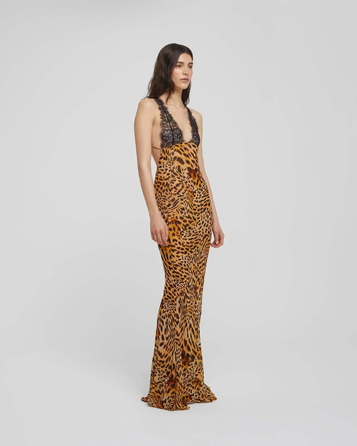 Vestito lungo da sera leopardato con pizzo e spalline sottili