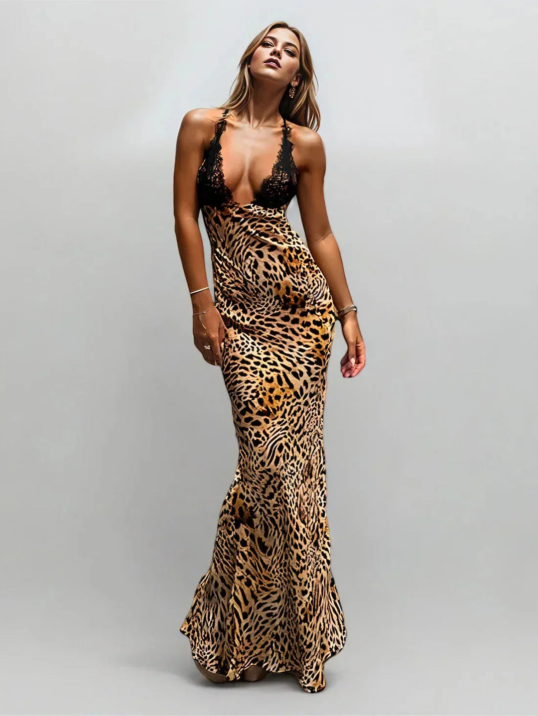 Vestito lungo da sera leopardato con pizzo e spalline sottili
