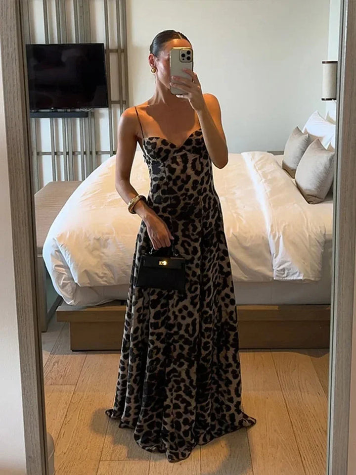 Vestito lungo donna leopardato con bretelle sottili, fluido, da sera