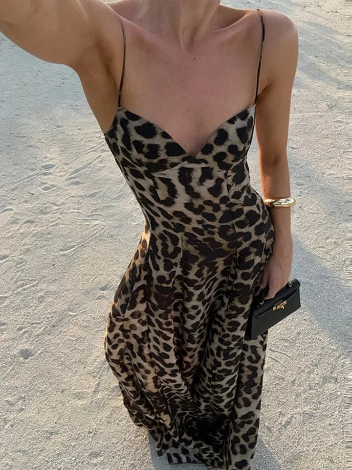 Vestito lungo donna leopardato con bretelle sottili, fluido, da sera