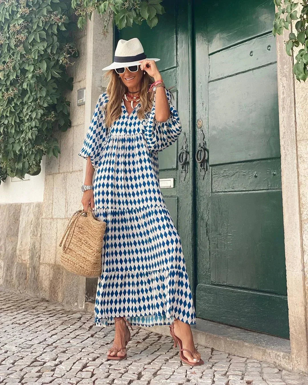 Vestito lungo donna scollo a V maniche lunghe estive