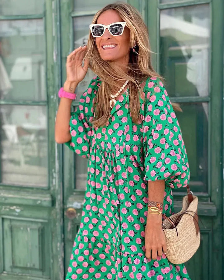 Vestito lungo donna scollo a V maniche lunghe estive
