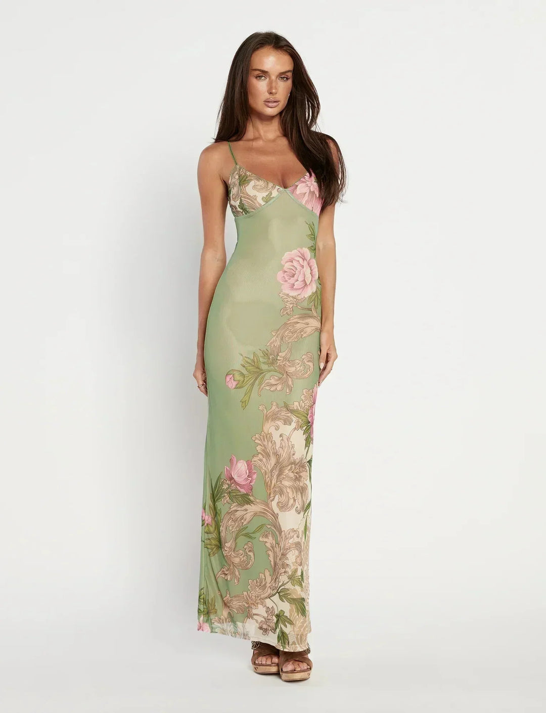 Vestito lungo donna con stampa floreale e bretelline sottili