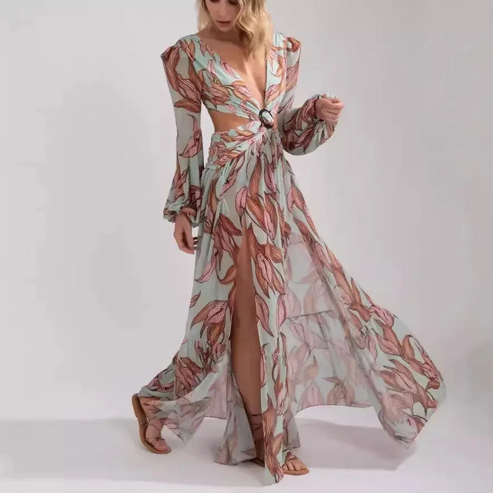 Vestito lungo donna con scollo a V con motivo e schiena con découpe