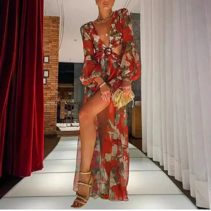 Vestito lungo donna con scollo a V con motivo e schiena con découpe