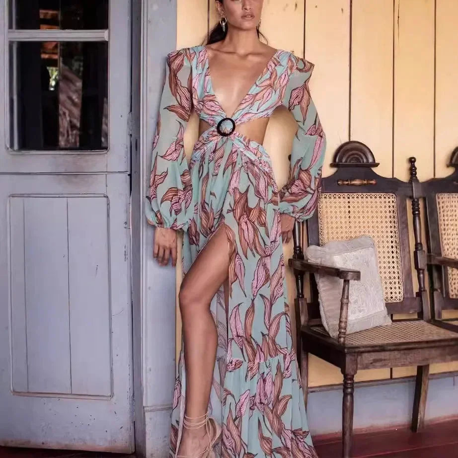 Vestito lungo donna con scollo a V con motivo e schiena con découpe