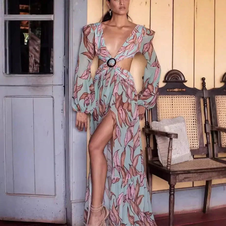 Vestito lungo donna con scollo a V con motivo e schiena con découpe