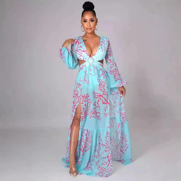 Vestito lungo donna con scollo a V con motivo e schiena con découpe