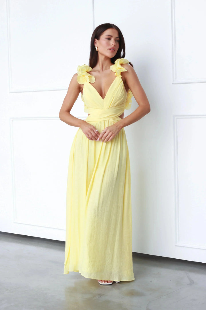 Vestito lungo donna giallo con scollo a V e Spalla floreale