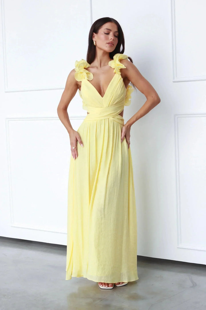 Vestito lungo donna giallo con scollo a V e Spalla floreale