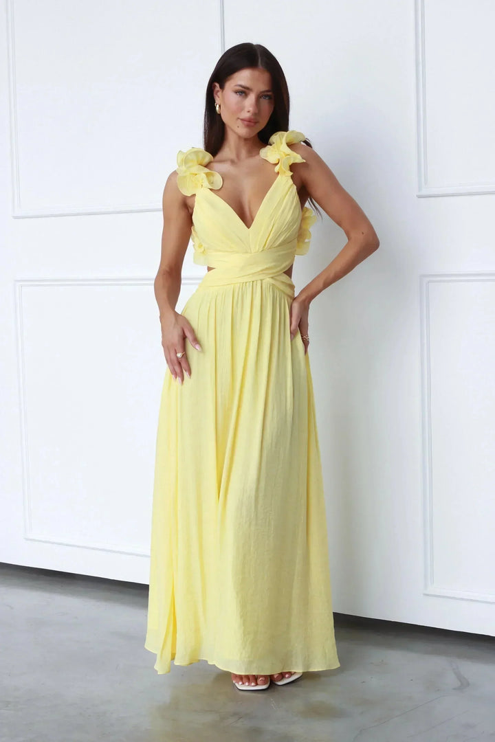 Vestito lungo donna giallo con scollo a V e Spalla floreale