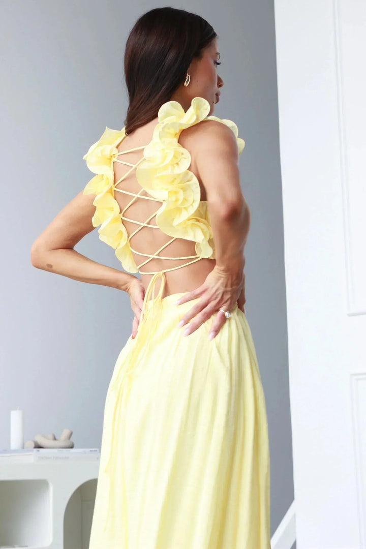 Vestito lungo donna giallo con scollo a V e Spalla floreale