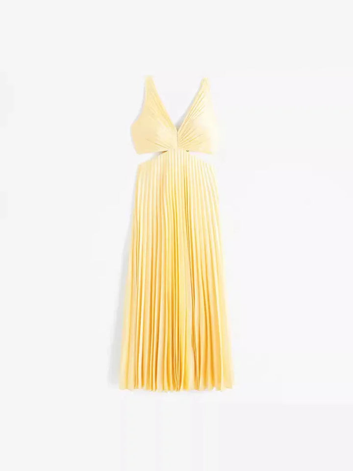 Vestito lungo giallo con scollo profondo e pieghe
