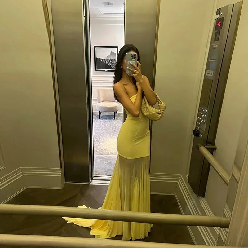 Vestito lungo donna giallo senza bretelle gonna trasparente
