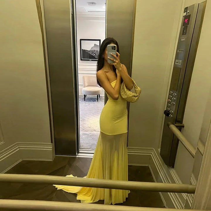Vestito lungo donna giallo senza bretelle gonna trasparente