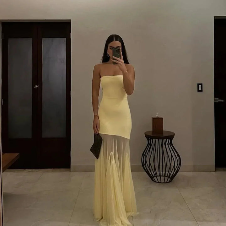 Vestito lungo donna giallo senza bretelle gonna trasparente