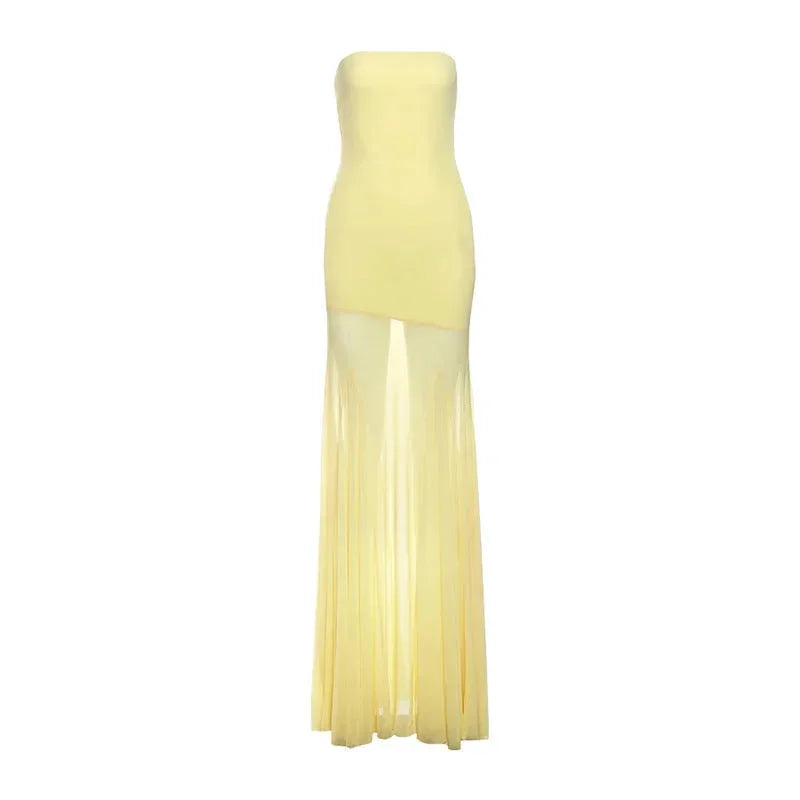 Vestito lungo donna giallo senza bretelle gonna trasparente