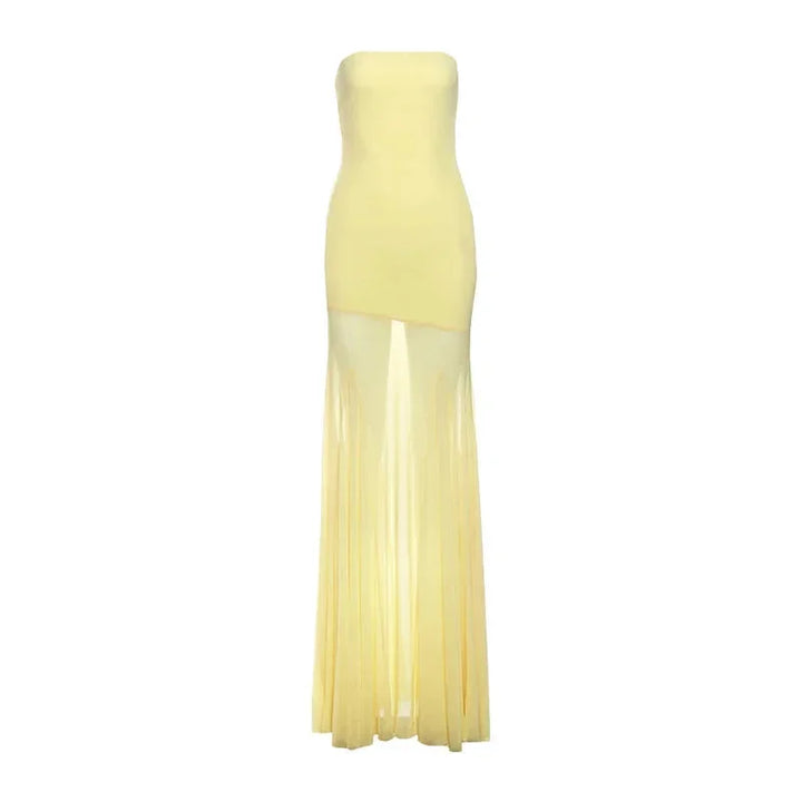 Vestito lungo donna giallo senza bretelle gonna trasparente