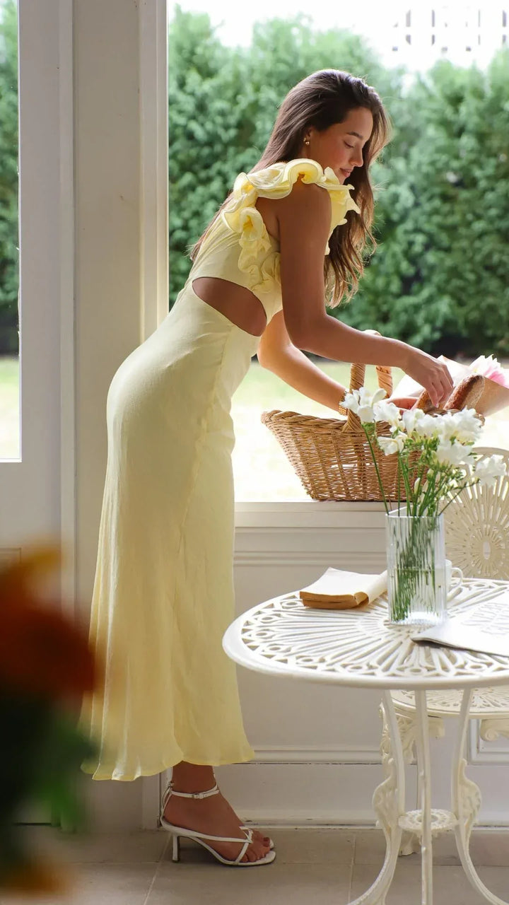 Vestito lungo donna asimmetrico giallo per serate eleganti
