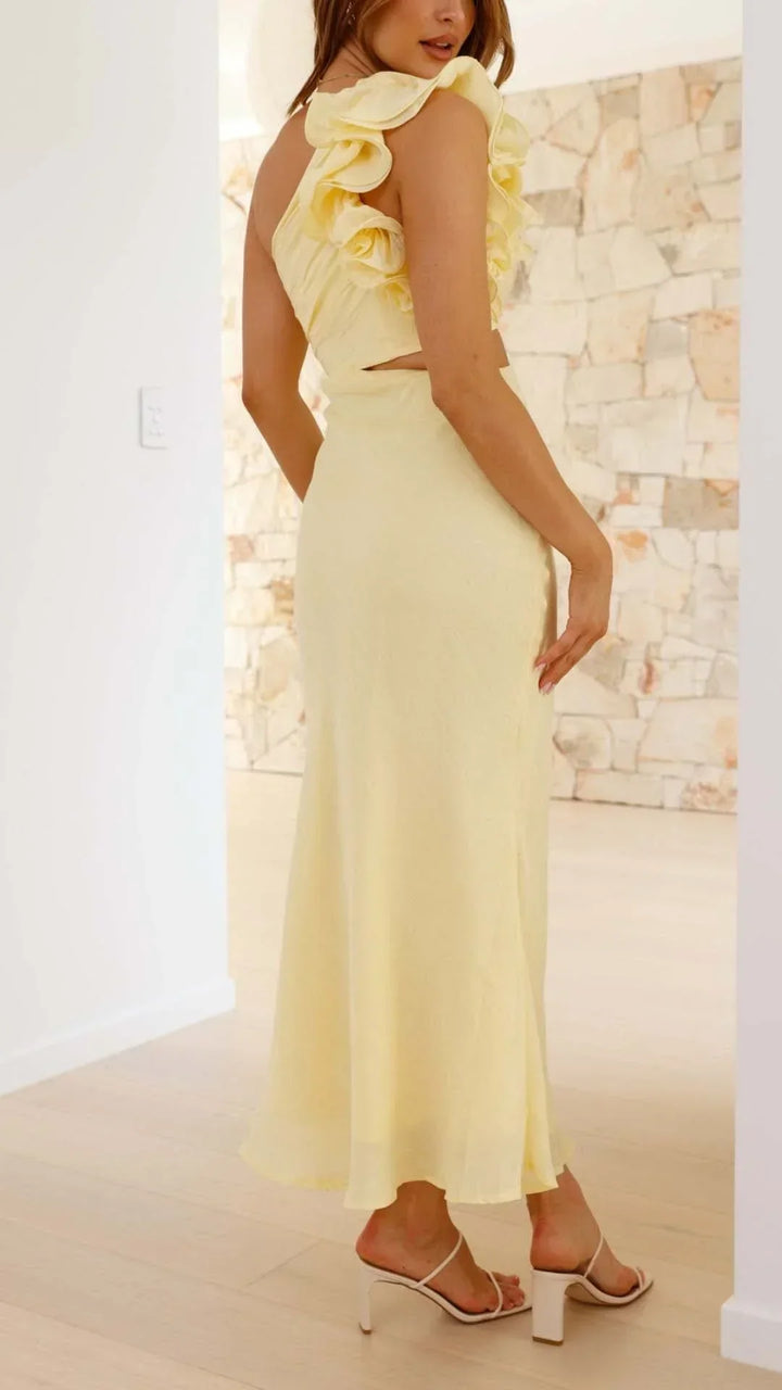 Vestito lungo donna asimmetrico giallo per serate eleganti