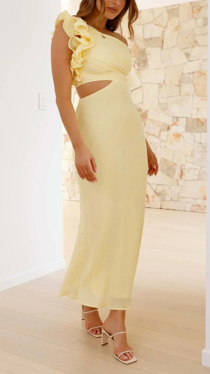 Vestito lungo donna asimmetrico giallo per serate eleganti