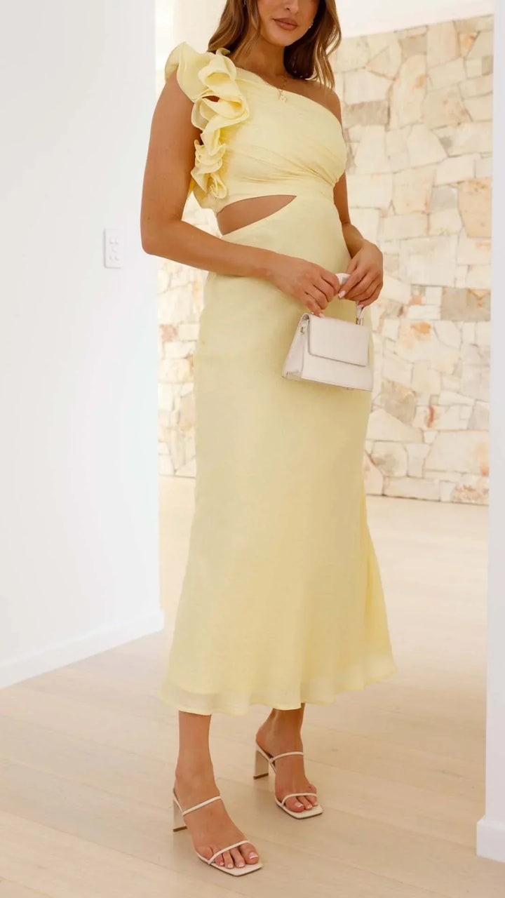 Vestito lungo donna asimmetrico giallo per serate eleganti