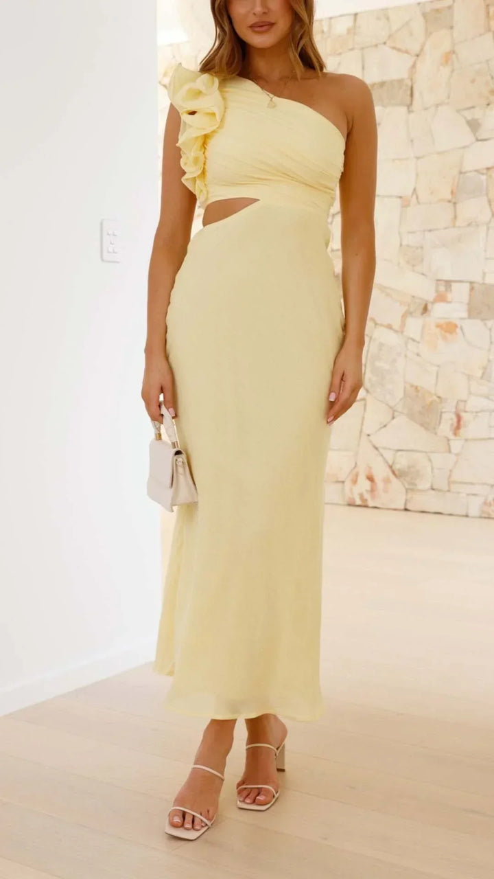 Vestito lungo donna asimmetrico giallo per serate eleganti