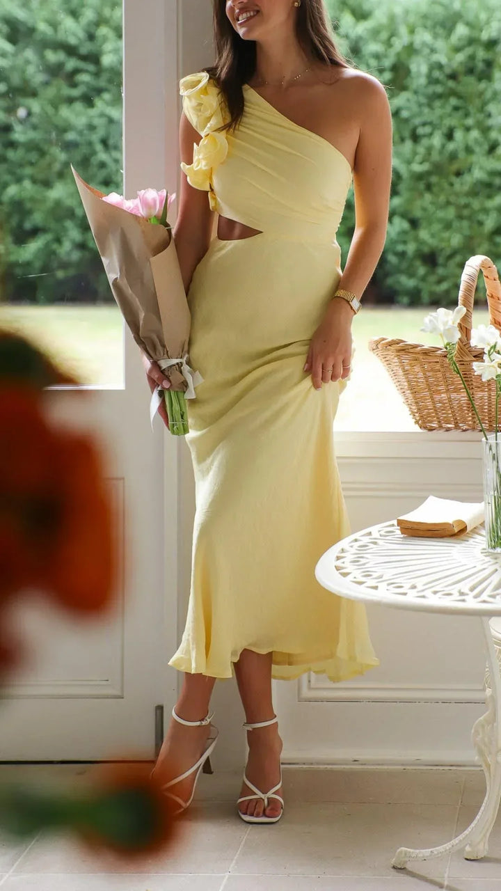 Vestito lungo donna asimmetrico giallo per serate eleganti