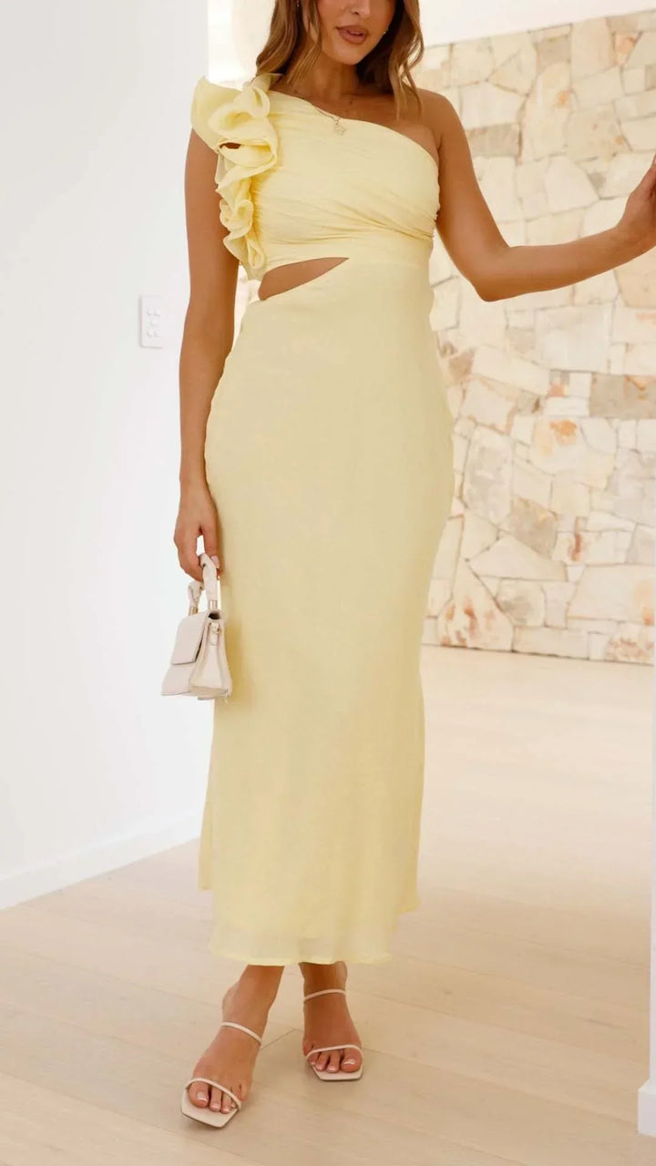 Vestito lungo donna asimmetrico giallo per serate eleganti