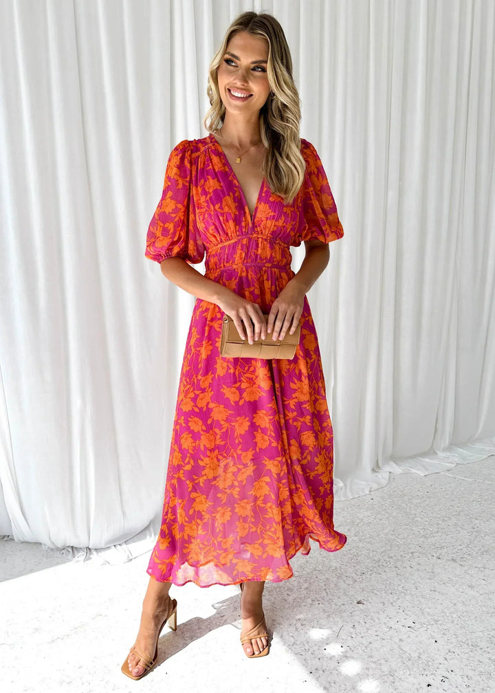 Vestito lungo donna floreale rosa maniche corte scollo a V