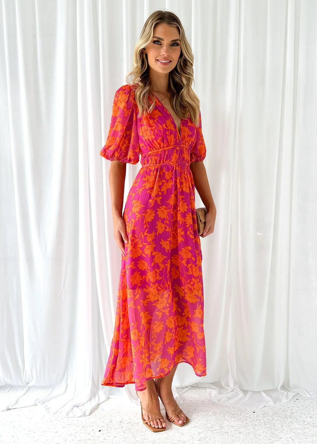 Vestito lungo donna floreale rosa maniche corte scollo a V