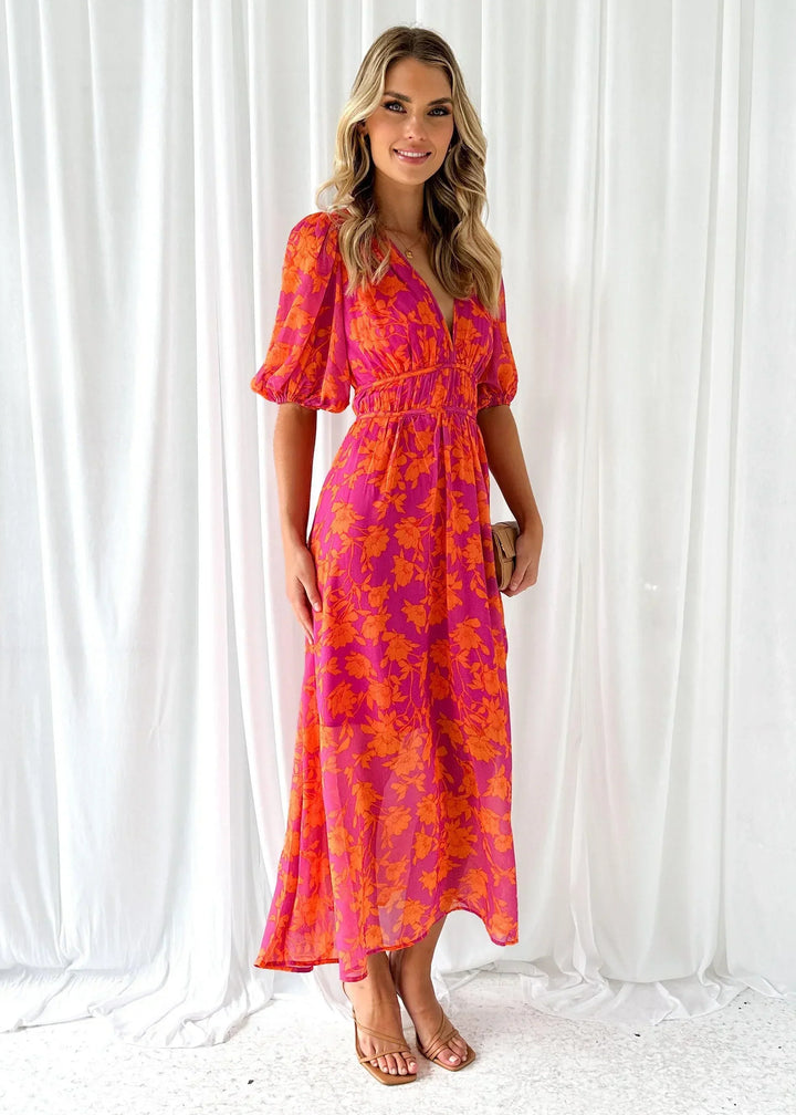 Vestito lungo donna floreale rosa maniche corte scollo a V