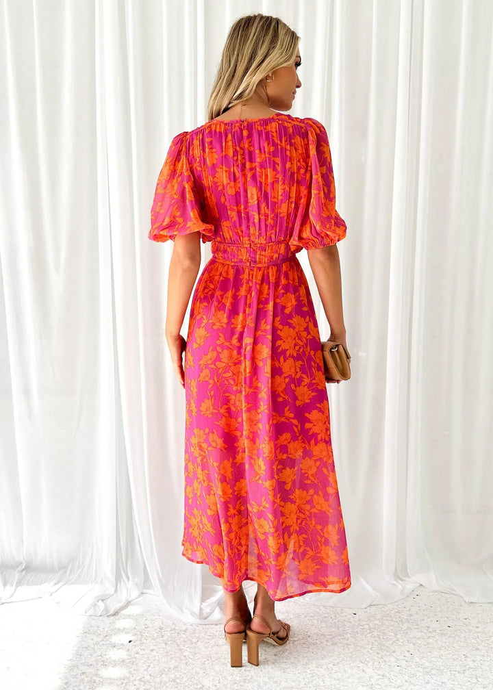 Vestito lungo donna floreale rosa maniche corte scollo a V