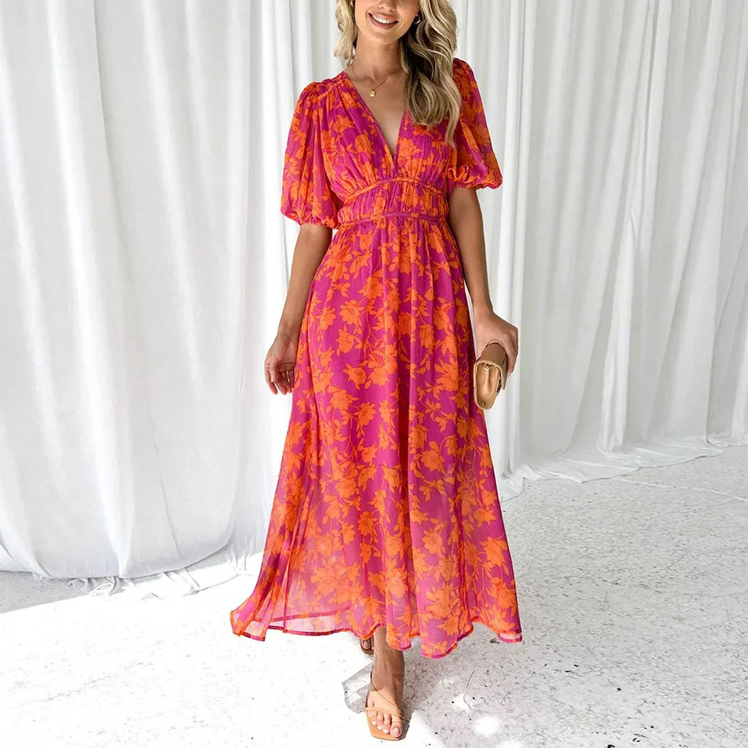 Vestito lungo donna floreale rosa maniche corte scollo a V