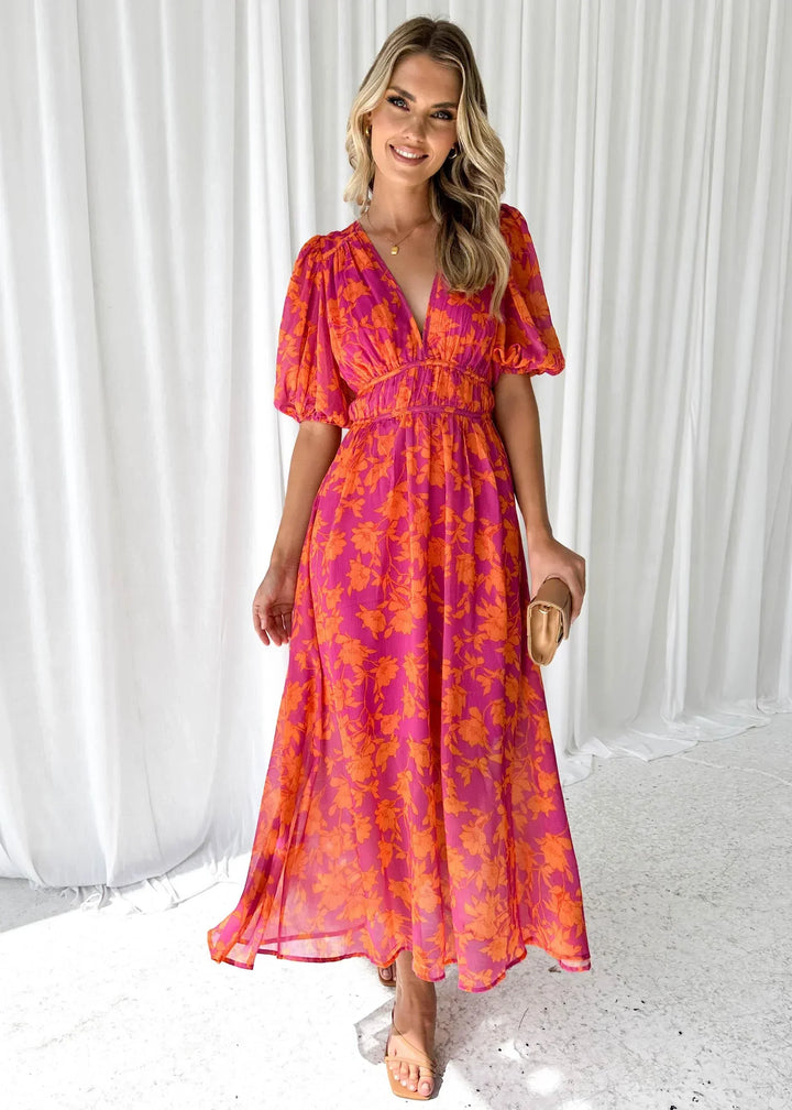Vestito lungo donna floreale rosa maniche corte scollo a V