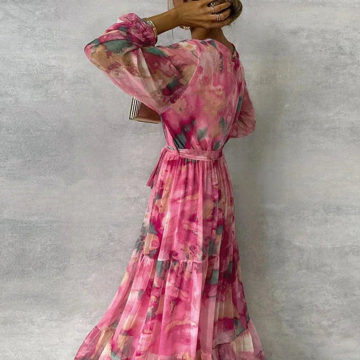 Vestito lungo donna stampato rosa con cintura e maniche lunghe