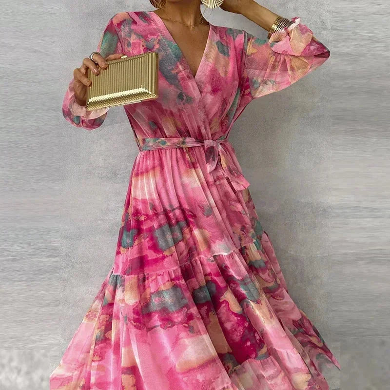 Vestito lungo donna stampato rosa con cintura e maniche lunghe
