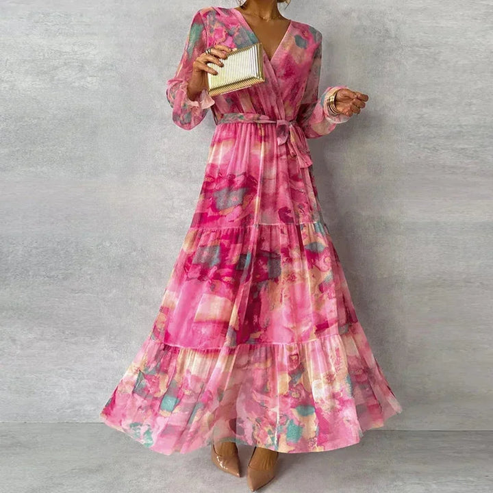 Vestito lungo donna stampato rosa con cintura e maniche lunghe