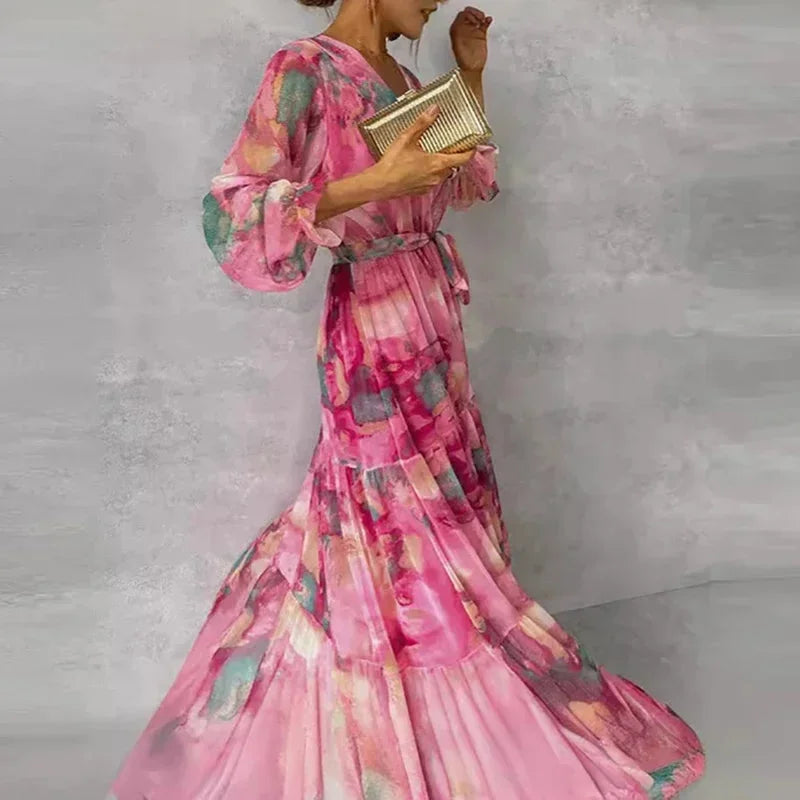 Vestito lungo donna stampato rosa con cintura e maniche lunghe
