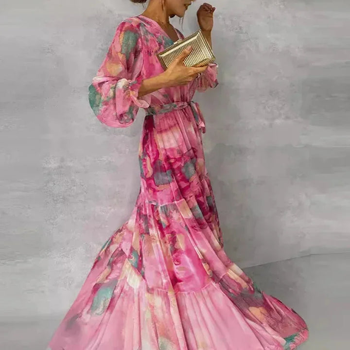 Vestito lungo donna stampato rosa con cintura e maniche lunghe