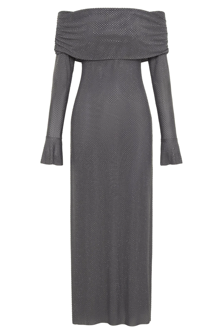 Vestito lungo scintillante a maniche lunghe con Spalle scoperte