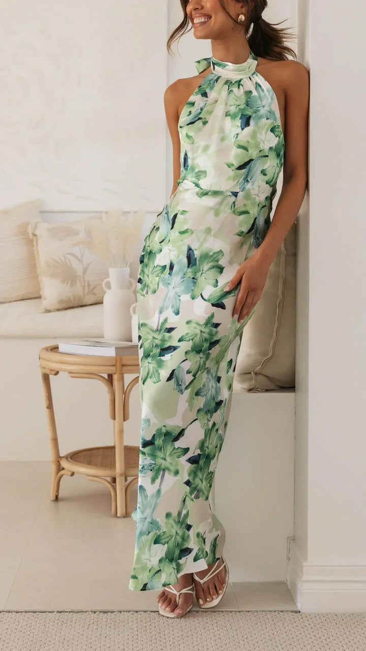 Vestito lungo donna schiena nuda con collo alto floreale