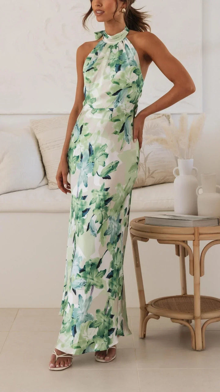 Vestito lungo donna schiena nuda con collo alto floreale