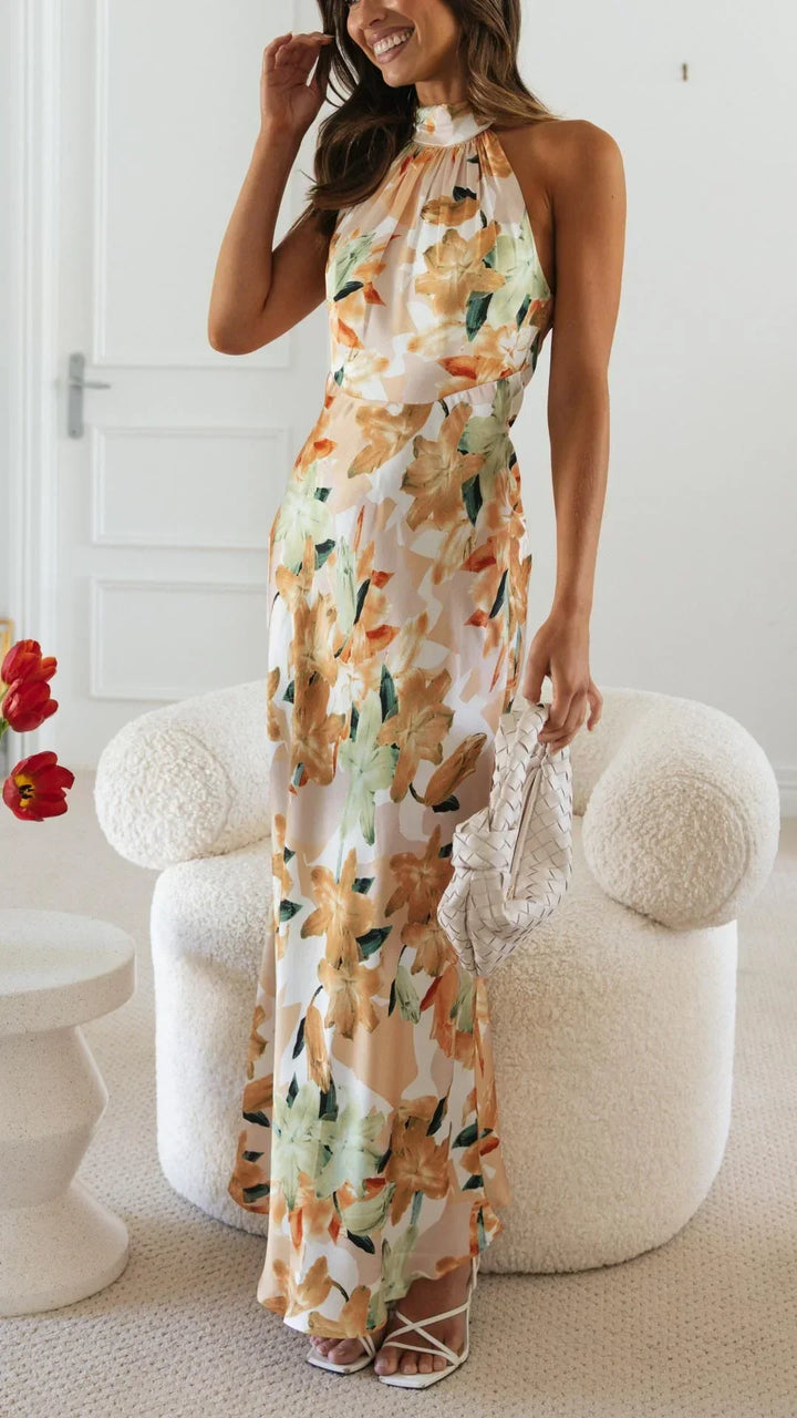 Vestito lungo donna schiena nuda con collo alto floreale