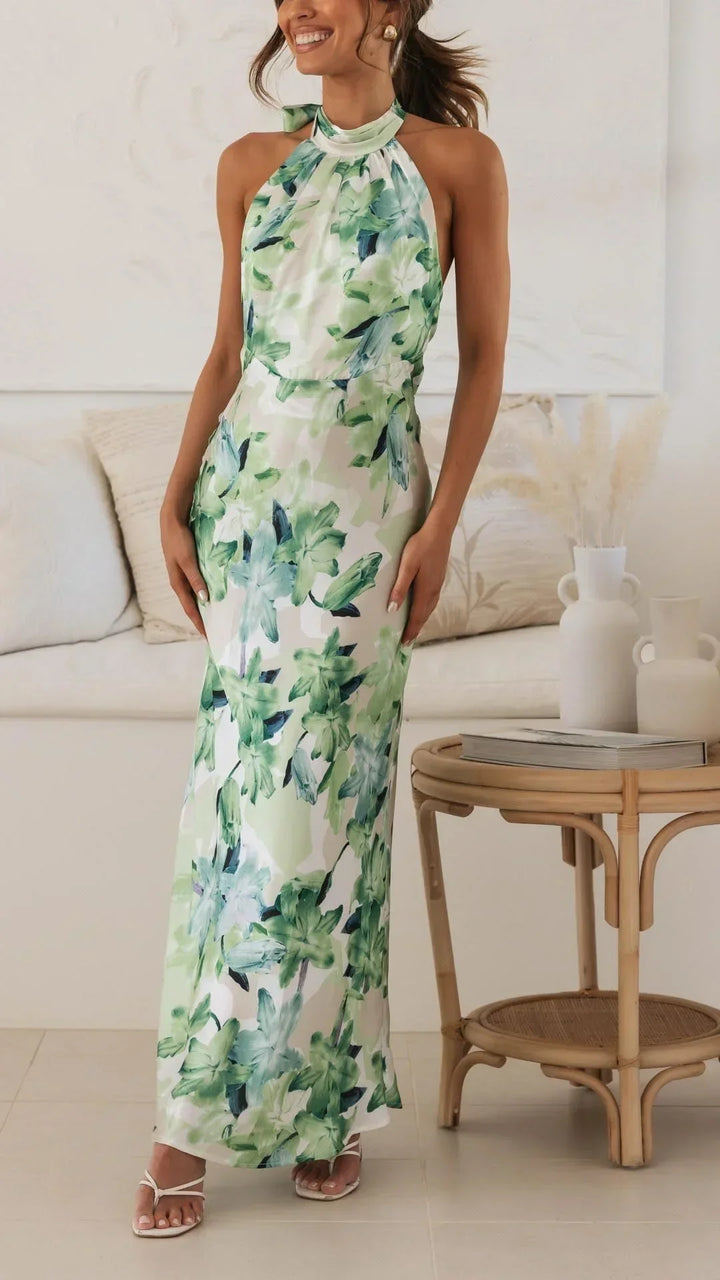 Vestito lungo donna schiena nuda con collo alto floreale