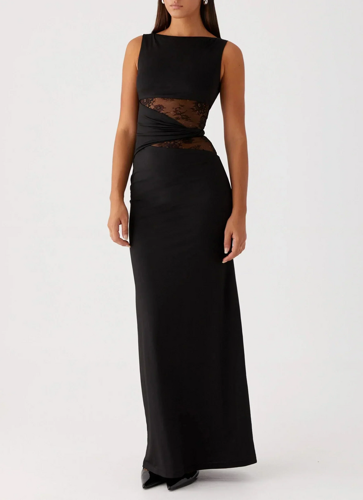 Vestito lungo nero con pizzo e découpe