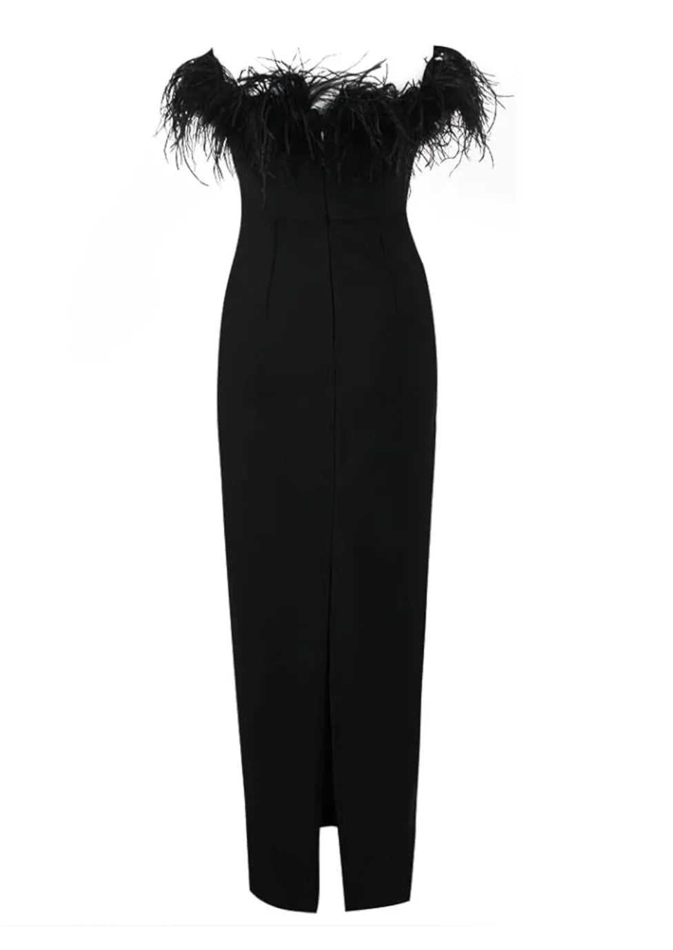 Vestito lungo nero senza bretelle con dettaglio piume