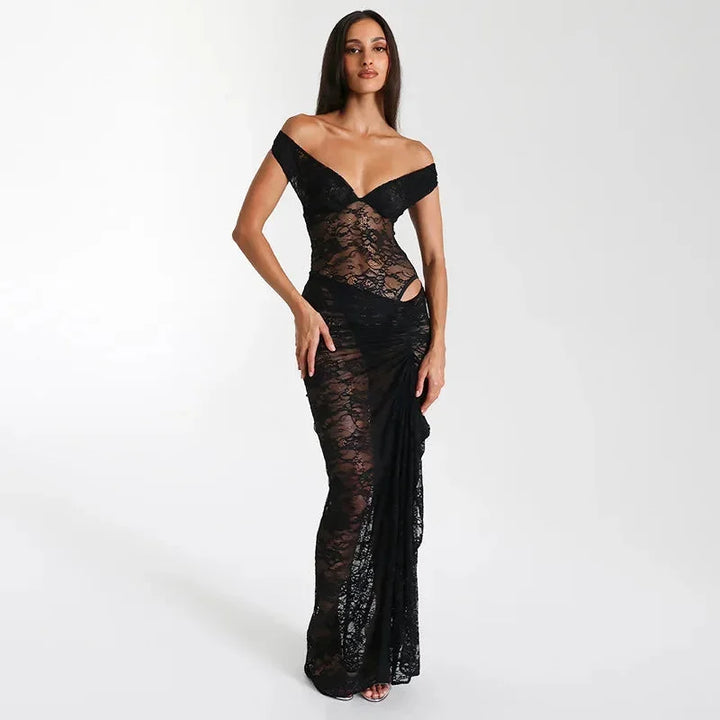 Vestito lungo donna con Spalle scoperte in pizzo e spacco