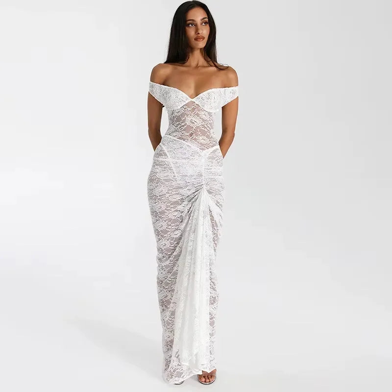 Vestito lungo donna con Spalle scoperte in pizzo e spacco